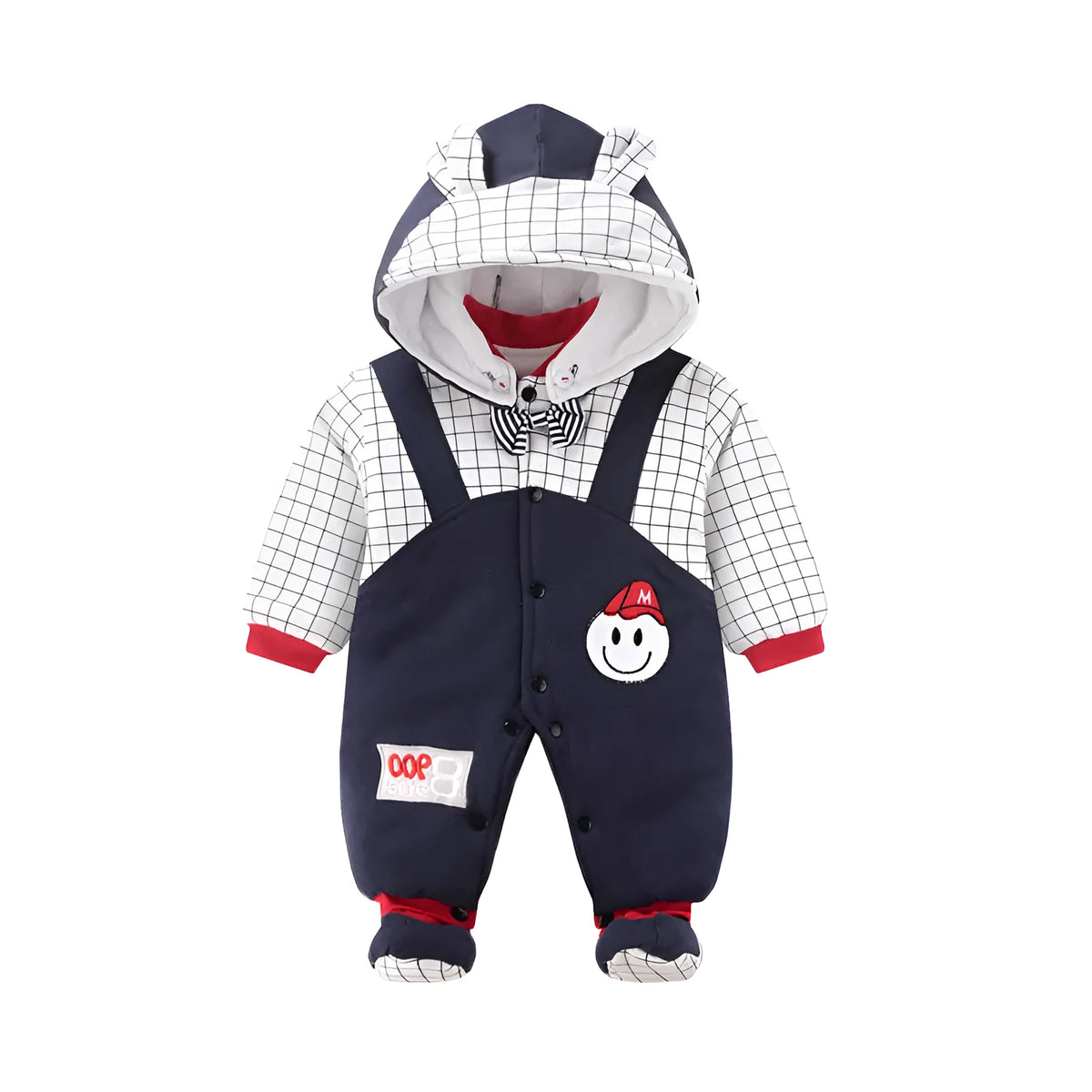Long sleeve hooded baby jumpsuit in beige or dark blue, winter outfit, sizes 59cm to 90cm