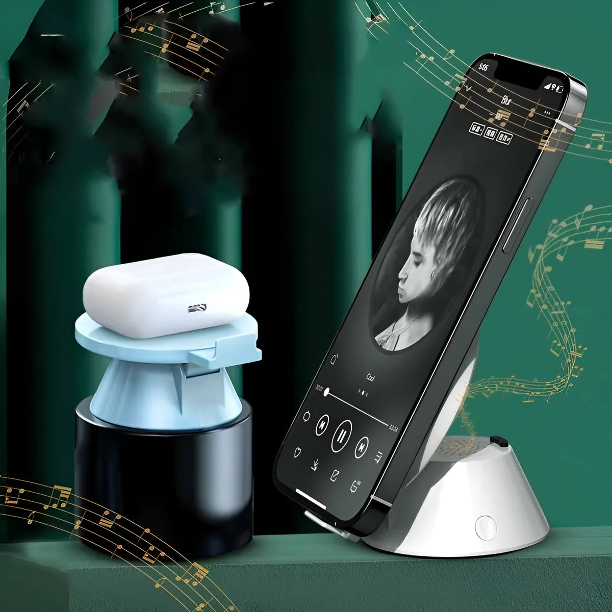 Small plastic stereo wireless mobile phone holder charger in white with Bluetooth speaker and USB cable on desk