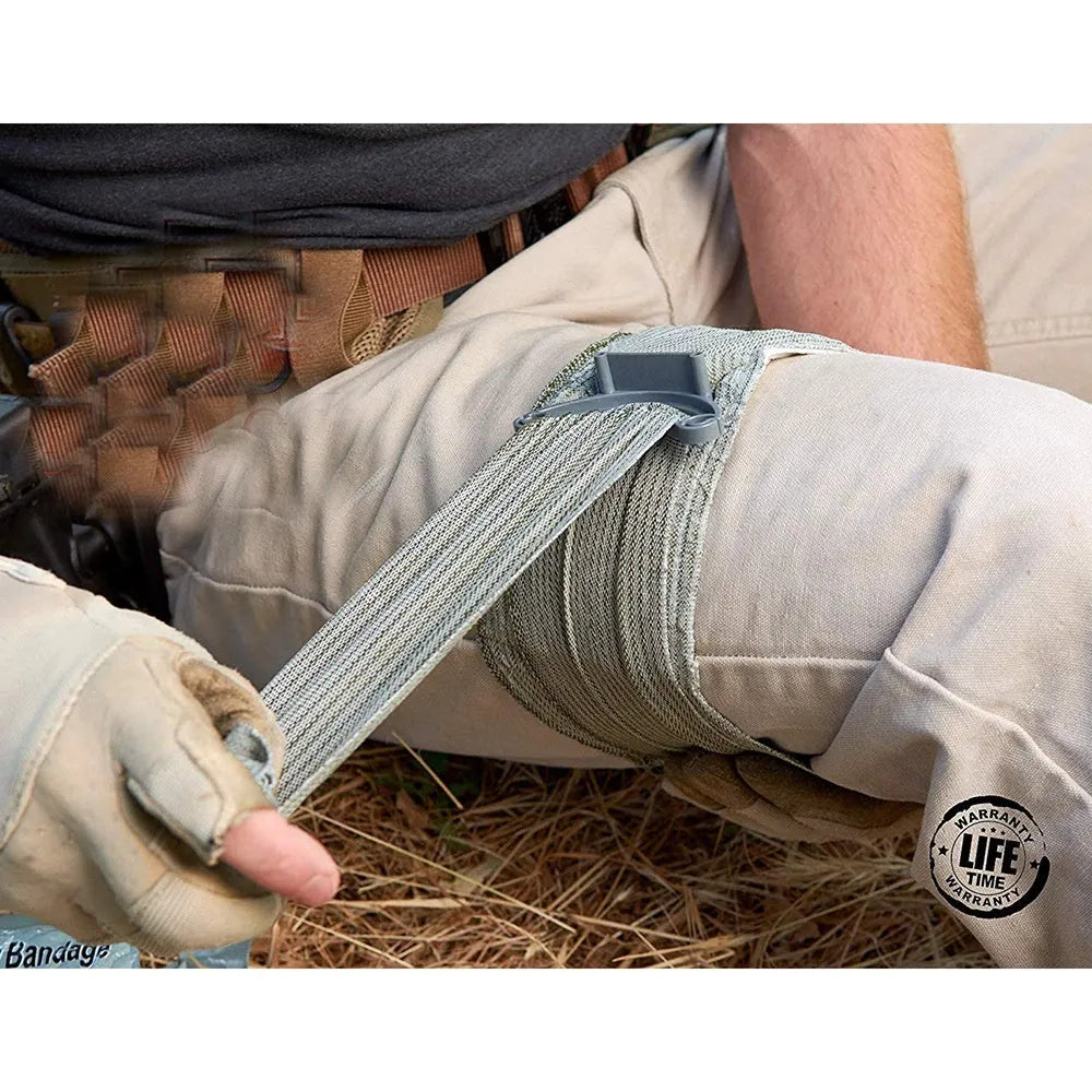 Portable outdoor hemostatic bandage and tactical gauze tape in 4-inch and 6-inch sizes.