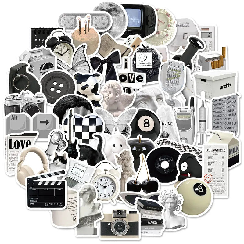 A pack of 61 black and white simple design waterproof PVC stickers for laptops and luggage.