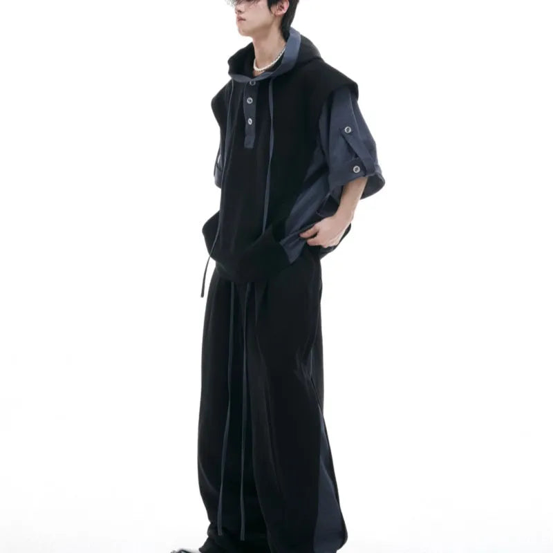 Heavy industry sports leisure suit set showing hooded polyester sweatshirt with three-dimensional stitching and matching trousers