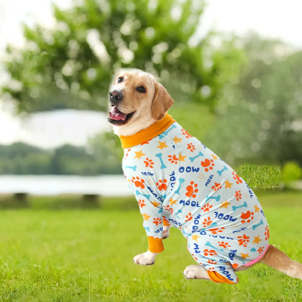 Cotton dog jumpsuit with cute printed design showing front view on mannequin