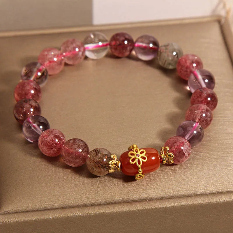 Natural Super Seven crystal bracelet with white beads and red agate accents in cartoon style