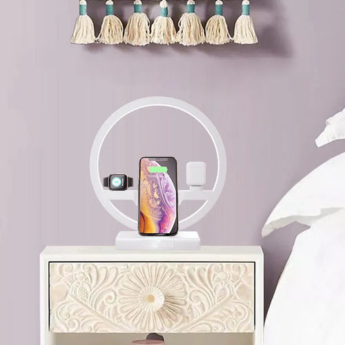 3 in 1 wireless charger bracket for mobile phone watch headset with ring light table lamp in black
