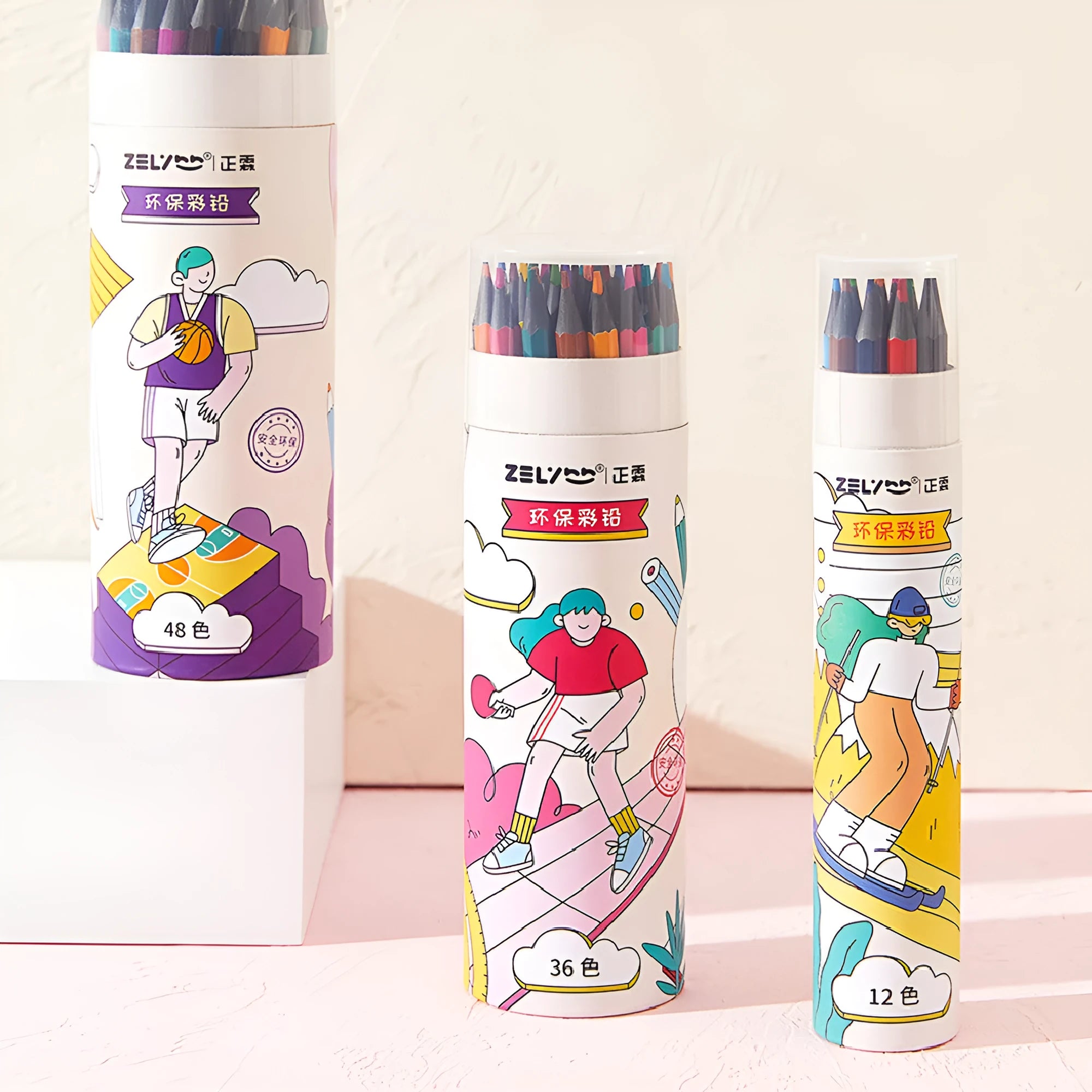 Zhenglin Sports colour pencils in 24 and 36 colour sets with paper barrel construction