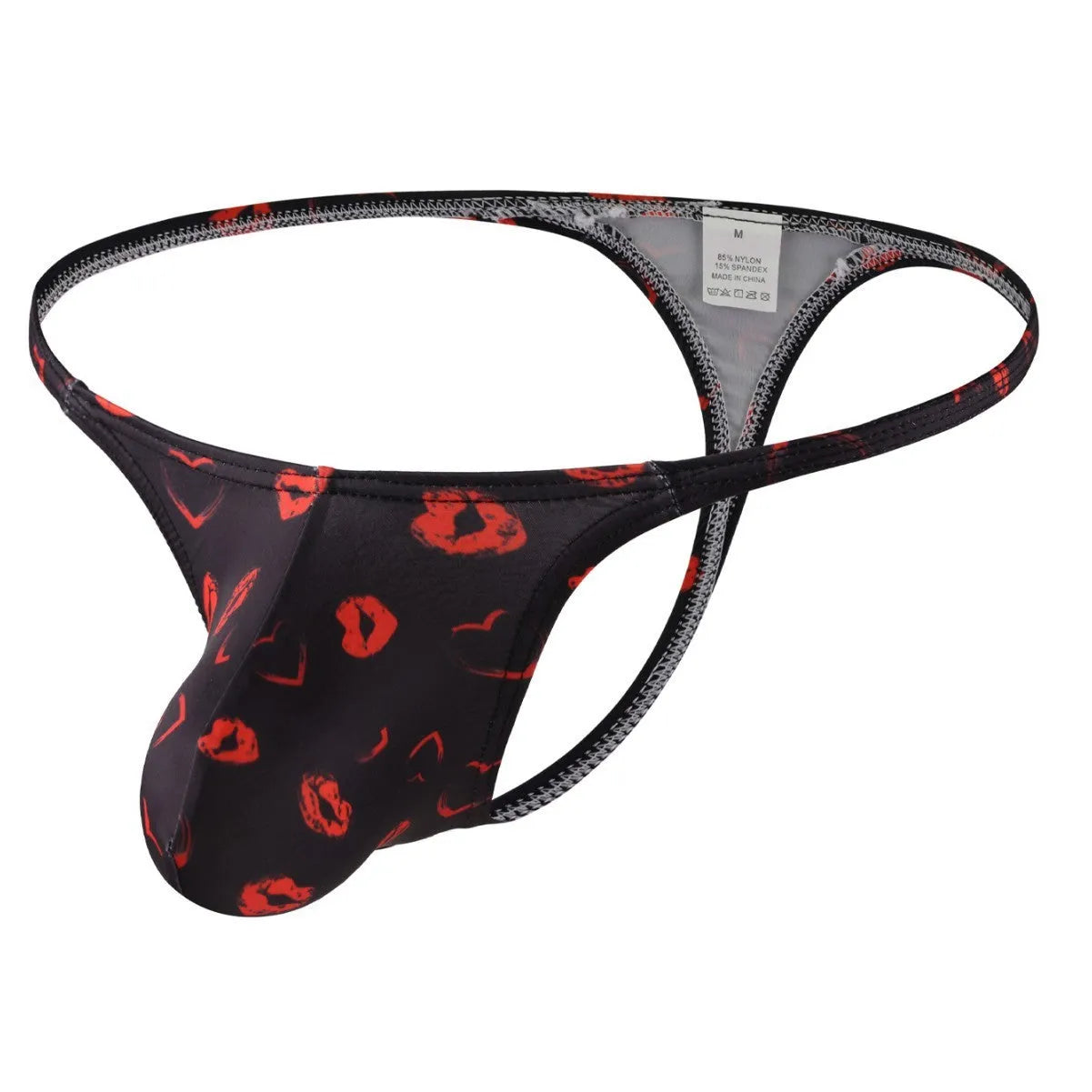 Men's low waist T-back shorts in black with cartoon couple pattern and elasticated waistband