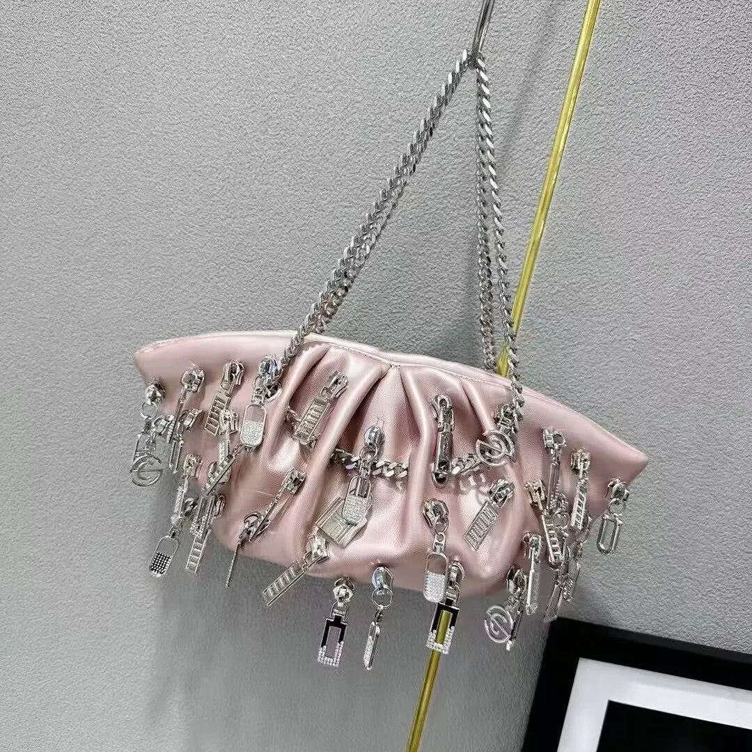 Niche chain cloud shoulder crossbody metal handbag in PU with dumbbell shape, chain and lock details, street trend style