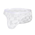 Men's black and white plaid mesh briefs with U-convex design for hip support.