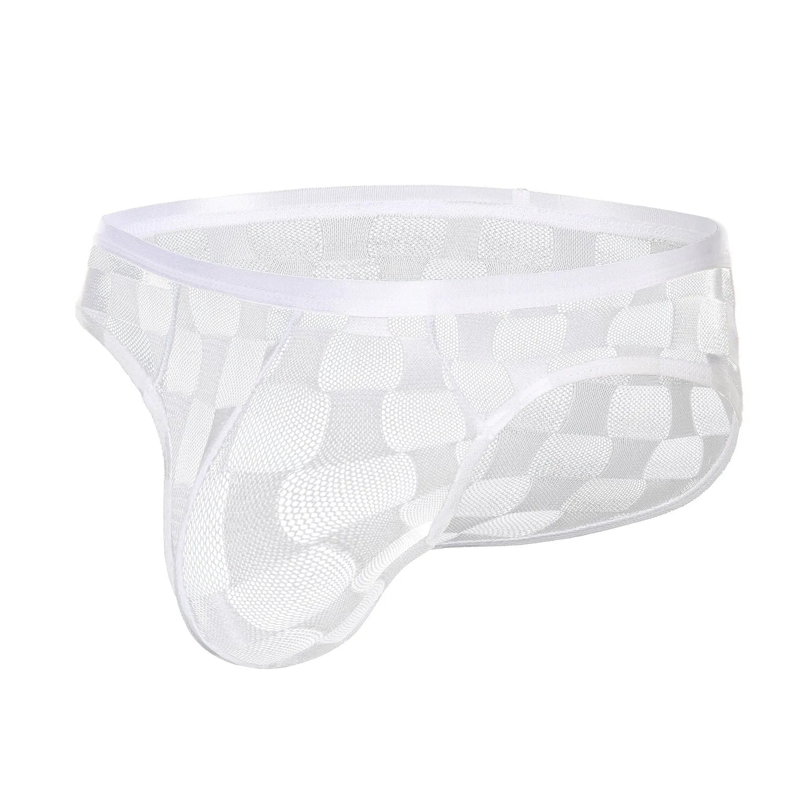 Men's black and white plaid mesh briefs with U-convex design for hip support.