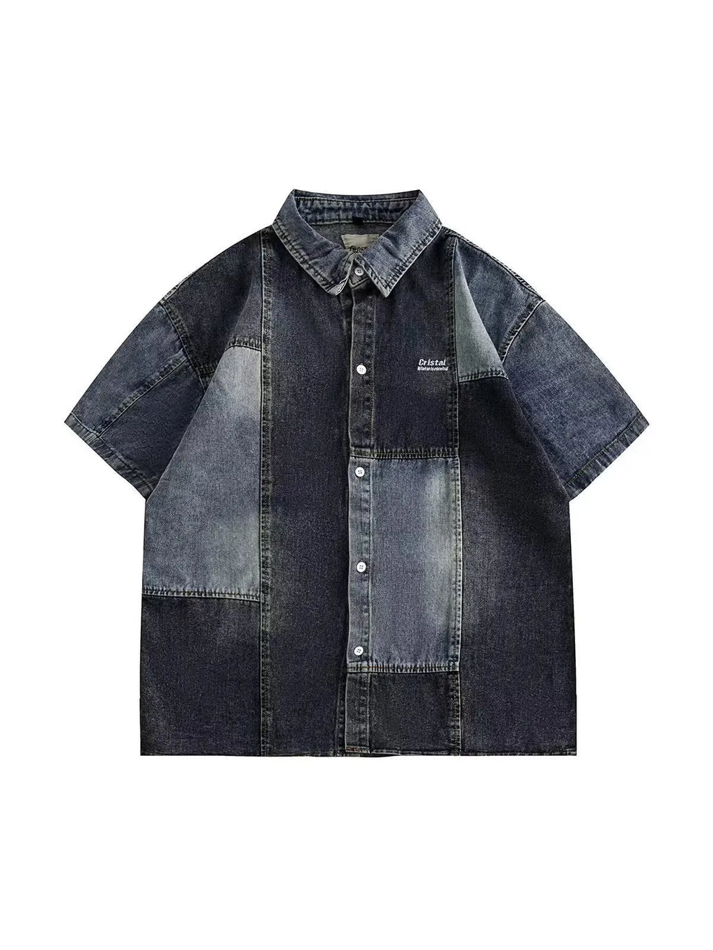 Men's blue Japanese-style retro denim shirt with washed stitching and loose cardigan fit