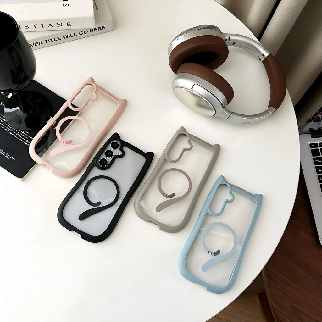 Personalised cat ears magnetic phone case for Samsung with acrylic shell in black colour