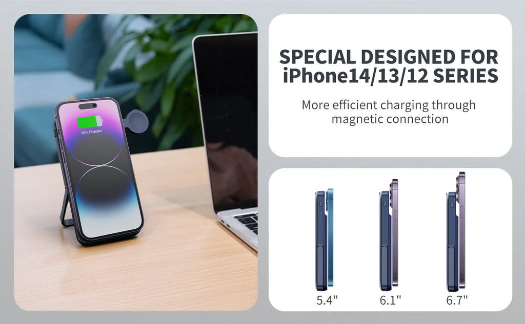 Black magnetic wireless power bank with 10000mAh capacity and three-in-one bracket