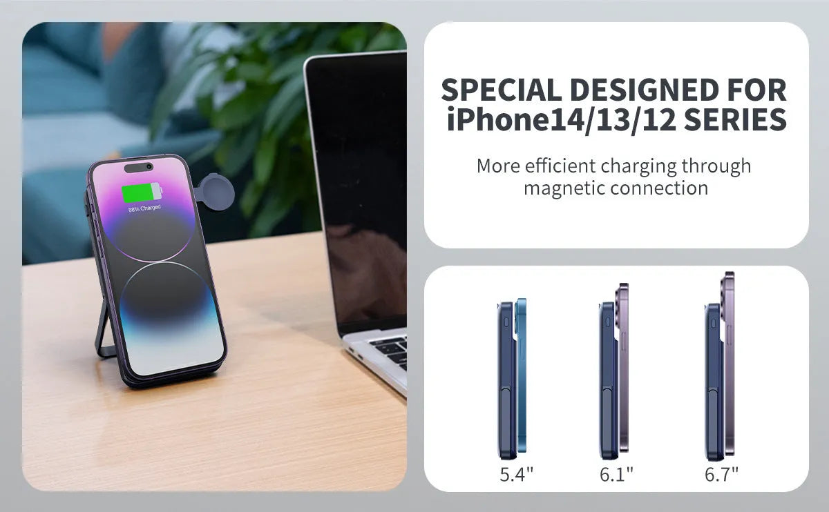 Black magnetic wireless power bank with 10000mAh capacity and three-in-one bracket