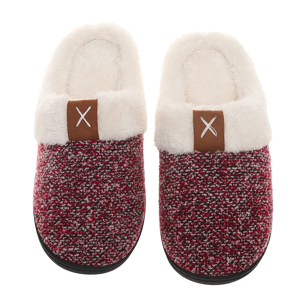 Winter plush thick bottom anti-slip house slippers in burgundy, black, and light gray for men and women