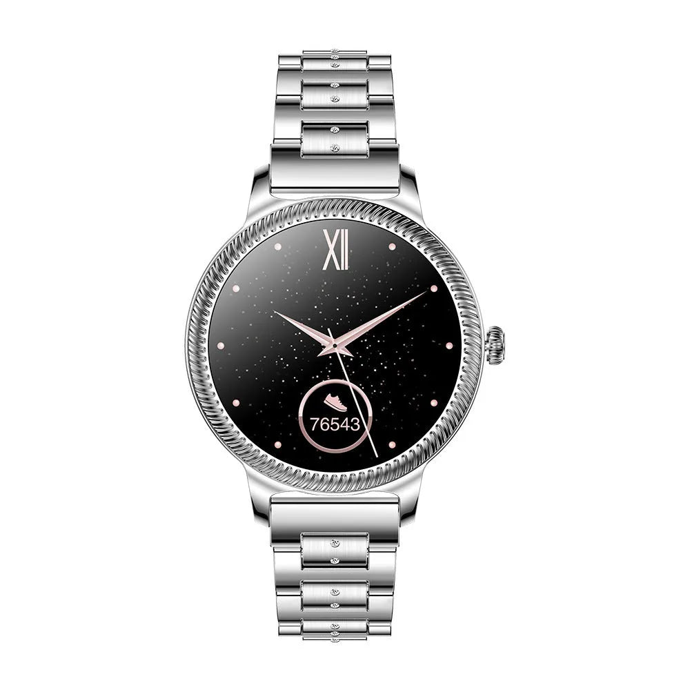 AK38 ladies smart watch with stainless steel Milanese mesh band and 1.09-inch colour screen displaying time.