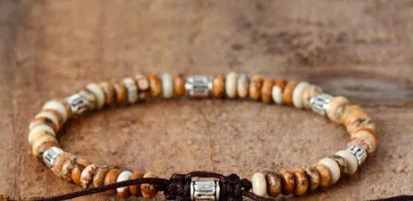 Men's natural gray agate drawing stone turquoise punk bracelet with abacus beads on a neutral background