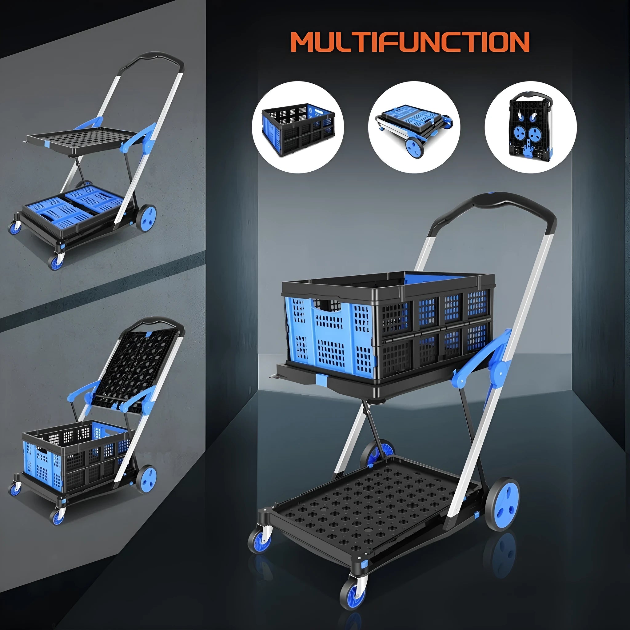 Blue foldable shopping trolley with double plastic baskets and wheels, shown with handle extended.