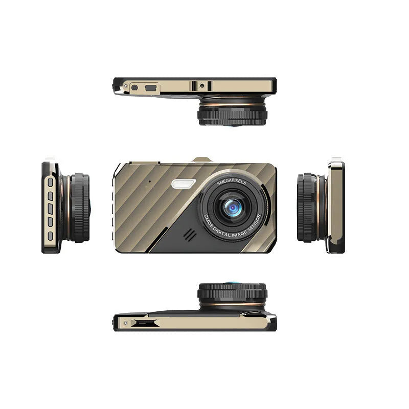 4 inch front and rear dual lens dashboard camera with touch screen display mounted in car