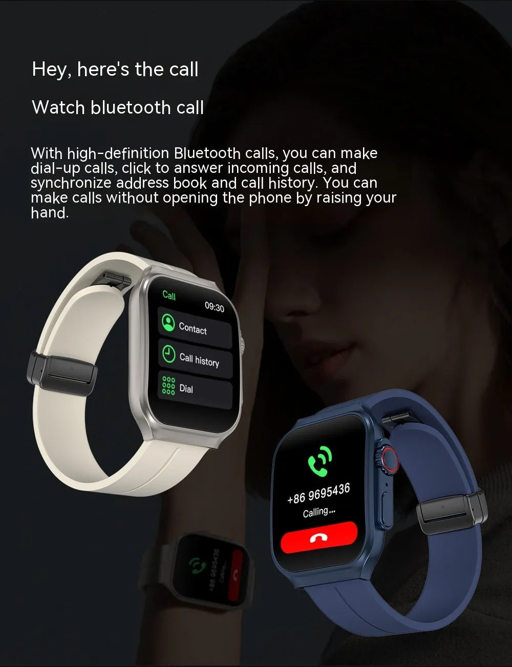 Smart watch with 3D curved AMOLED screen in black, blue, and silver colour options on wrist
