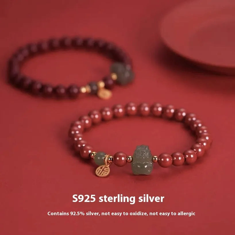 Natural Hetian jade cinnabar bracelet with 8mm beads in emperor sandstone style