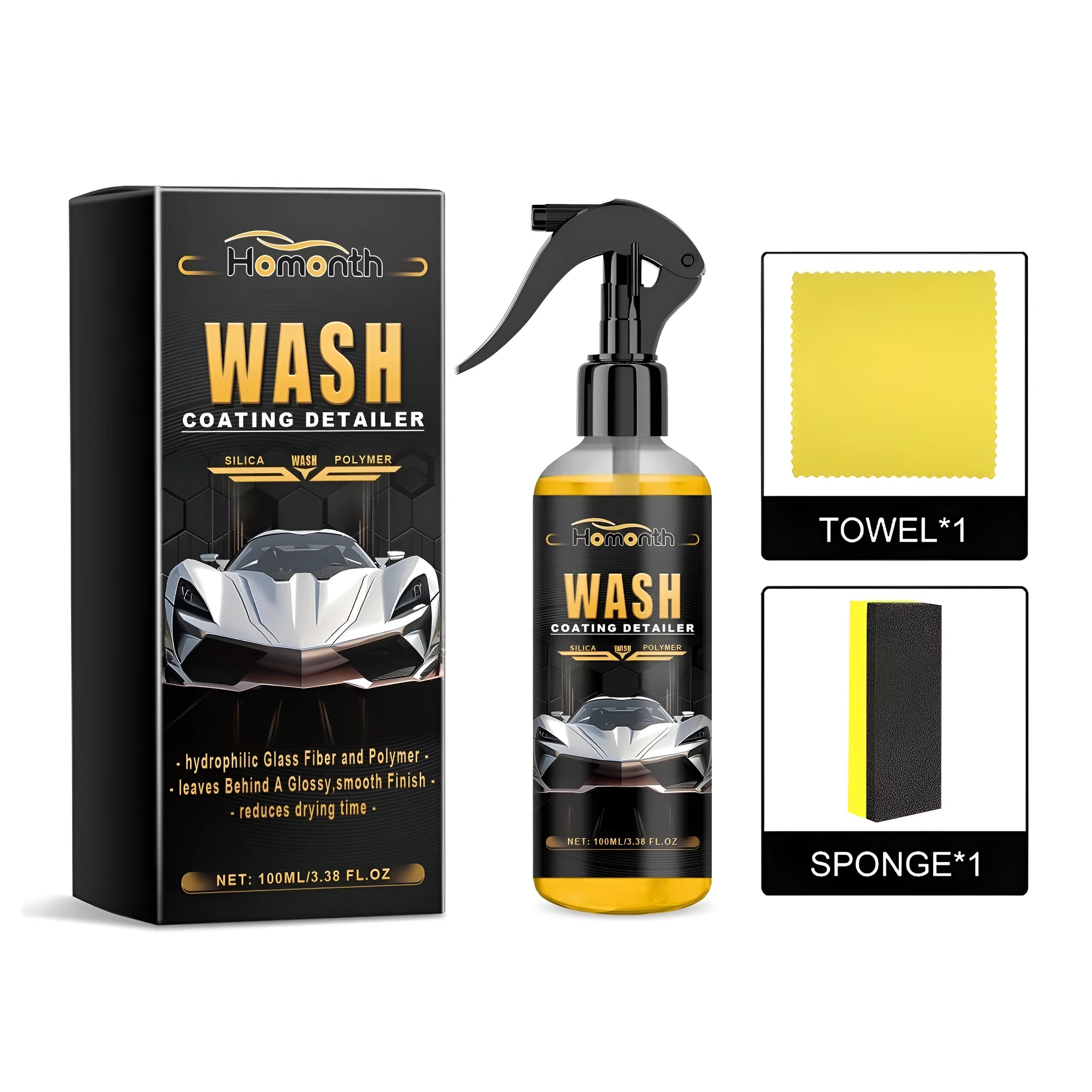 Wash coating detailer kit with 500ml PET spray bottle, foam sponge and microfiber cloth for car ceramic coating maintenance