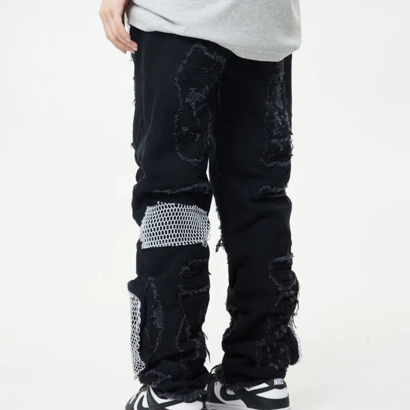Men's straight fit cotton mop trousers in black, mid waist with zip placket, size XL to 3XL