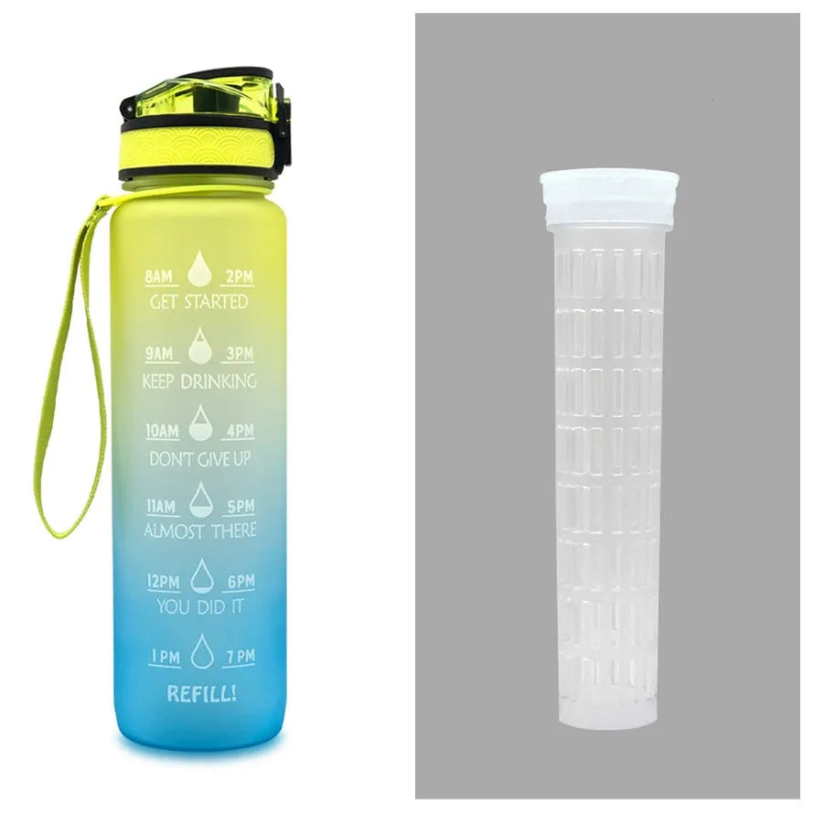 Blue and red gradient 1-litre Tritan sports water bottle with time markers, flip-top lid, and wrist strap.