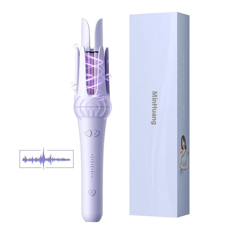 Light purple automatic hair curler with 32mm anion barrel, three clips, and a comb on a white background.