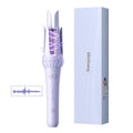 Light purple automatic hair curler with 32mm anion barrel, three clips, and a comb on a white background.