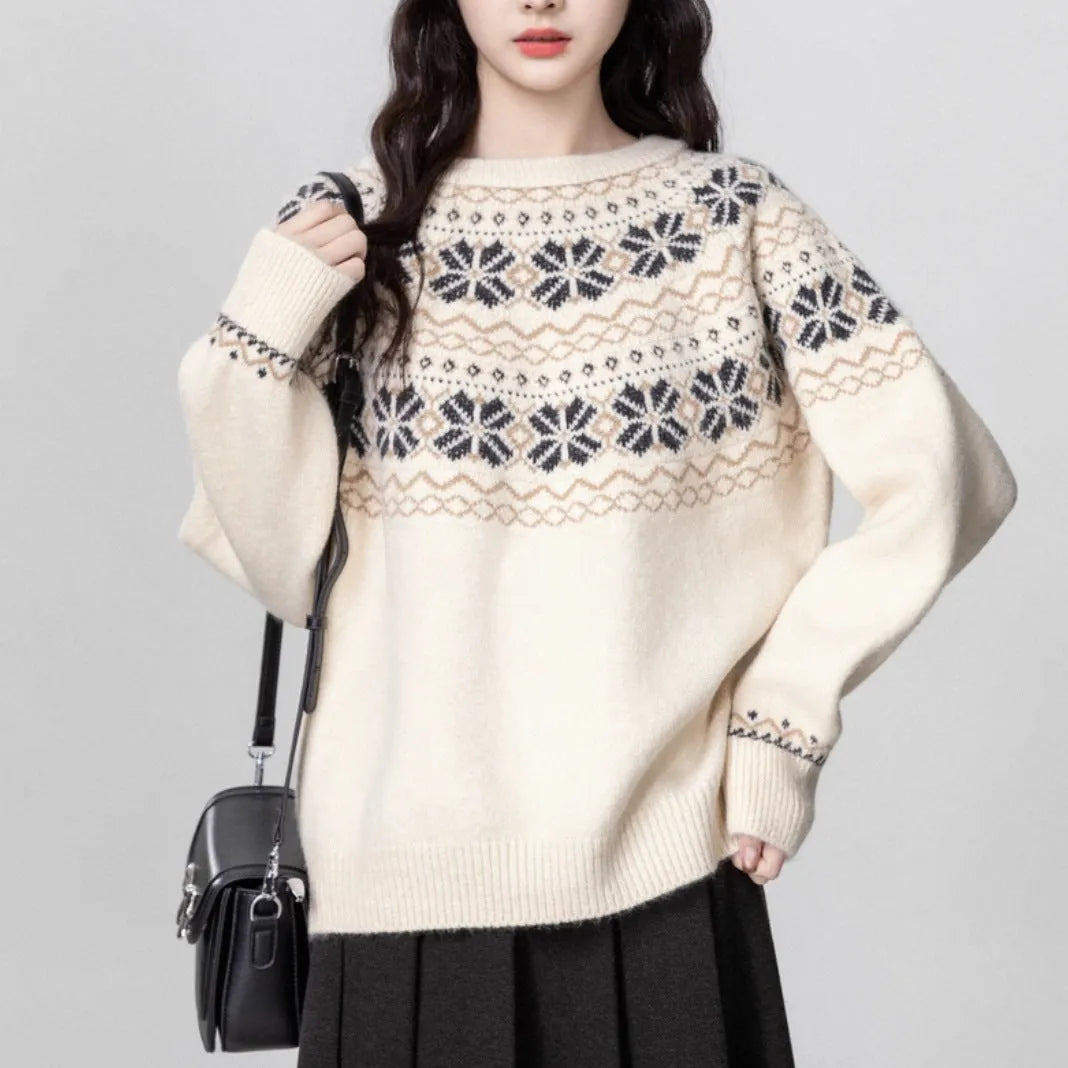 Women's milky white vintage fair island geometric pattern pullover sweater with a crew neck and long sleeves.