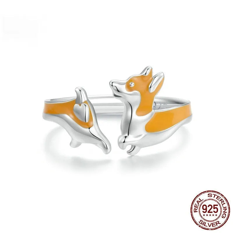 Adjustable silver electroplated ring with cartoon corgi dog design