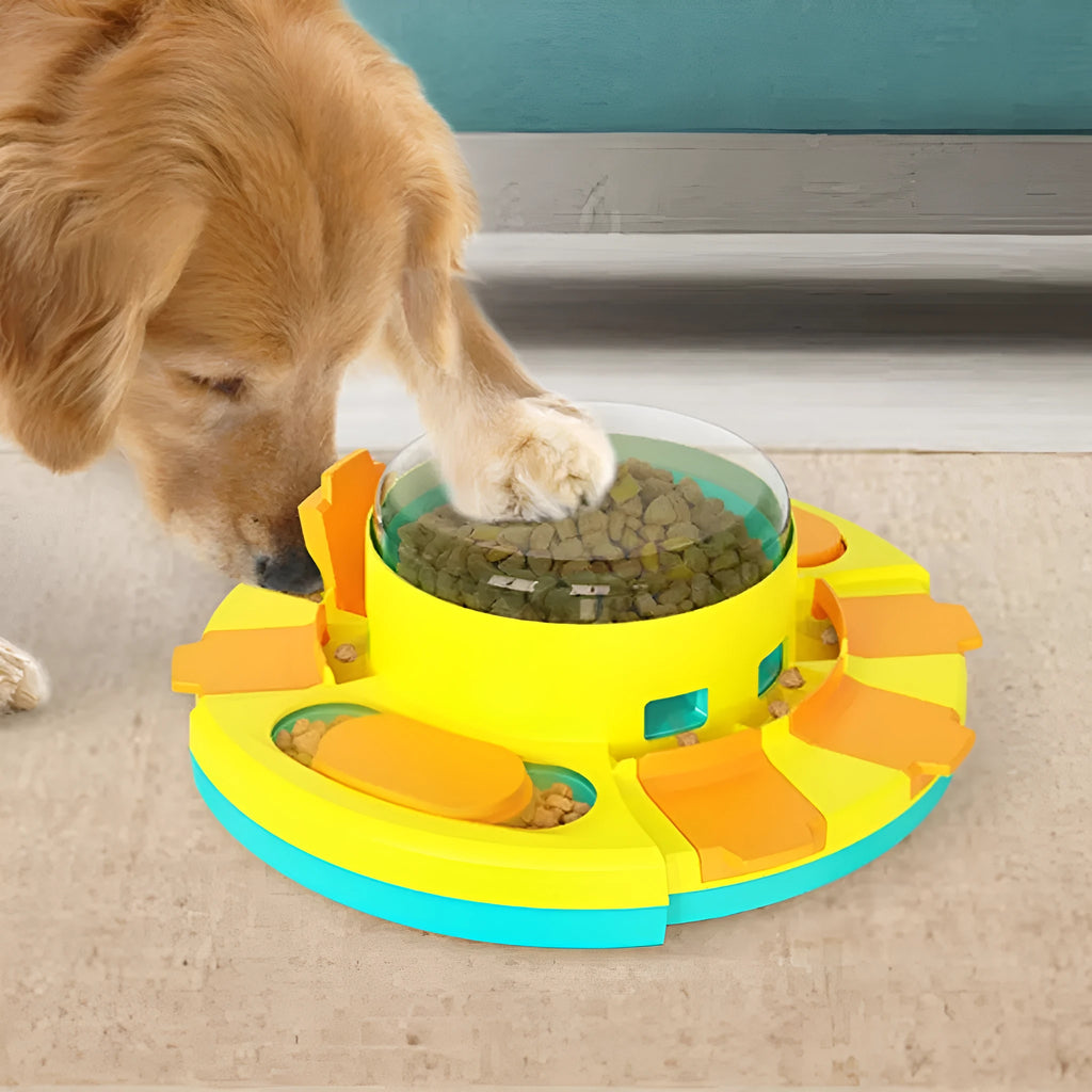 Plastic pet toys including food leakage bear, bulb tumbler cat toy, and educational puzzles in various colours