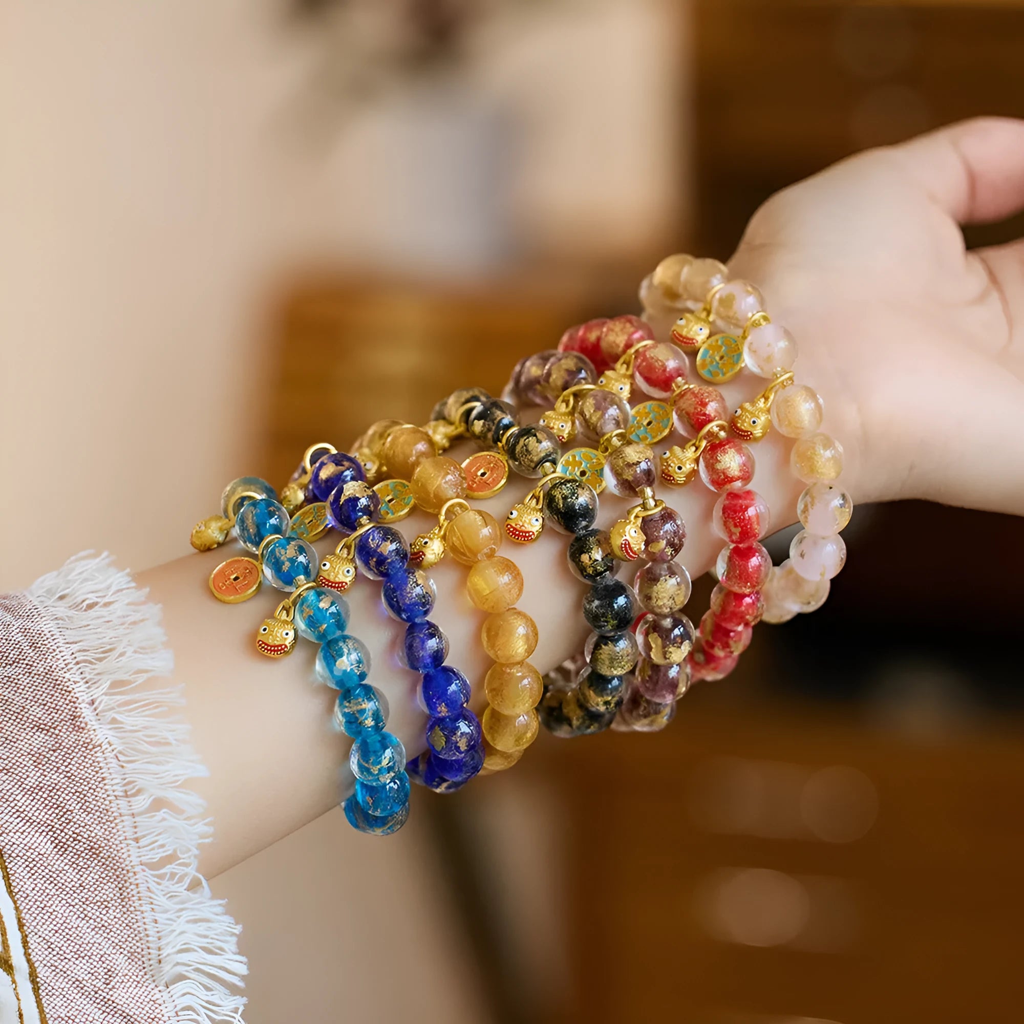 Handmade coloured glaze bracelet with gold foil swallowing gold beast pattern in seven colour options