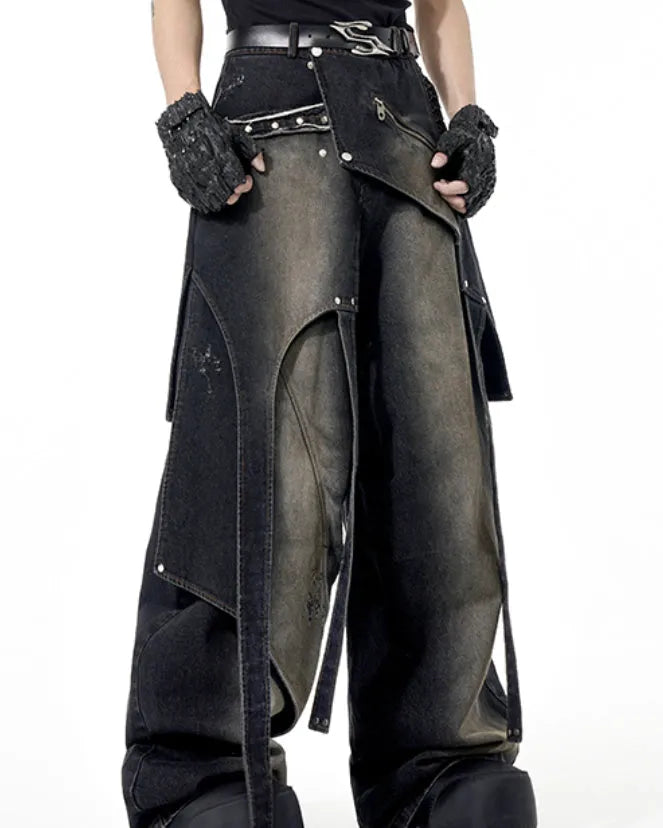 Original Niche deconstruction worn cotton jeans with zipper front in a youthful style