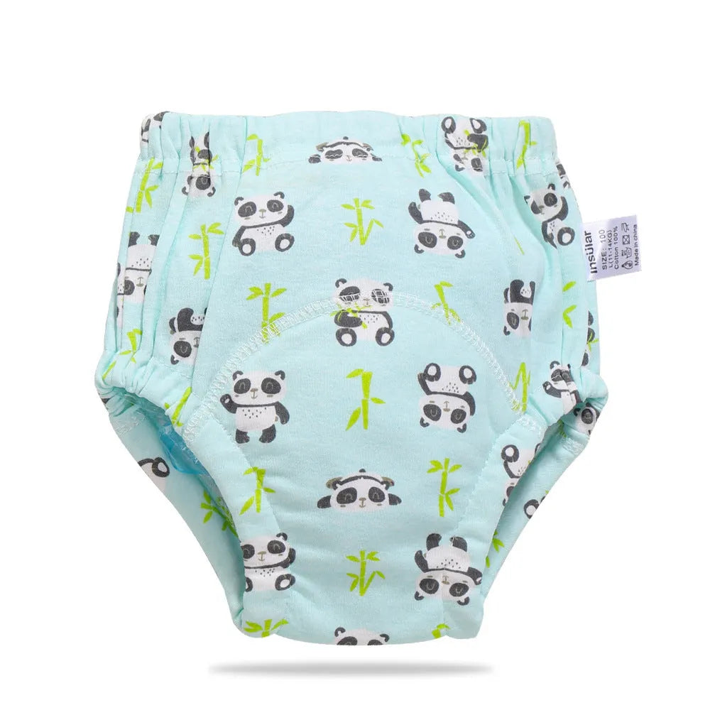 Baby training learning pants in cotton gauze with TPU waterproof layer, shown in panda print on white background