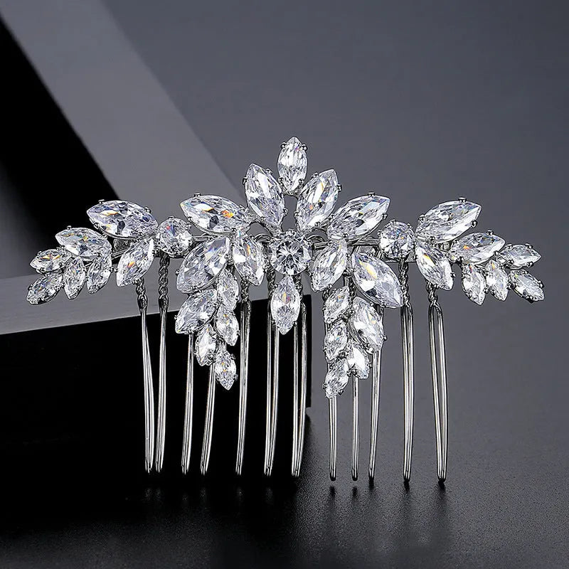Copper bridal hair accessory with inlaid zircon stones in flower shape, electroplated finish
