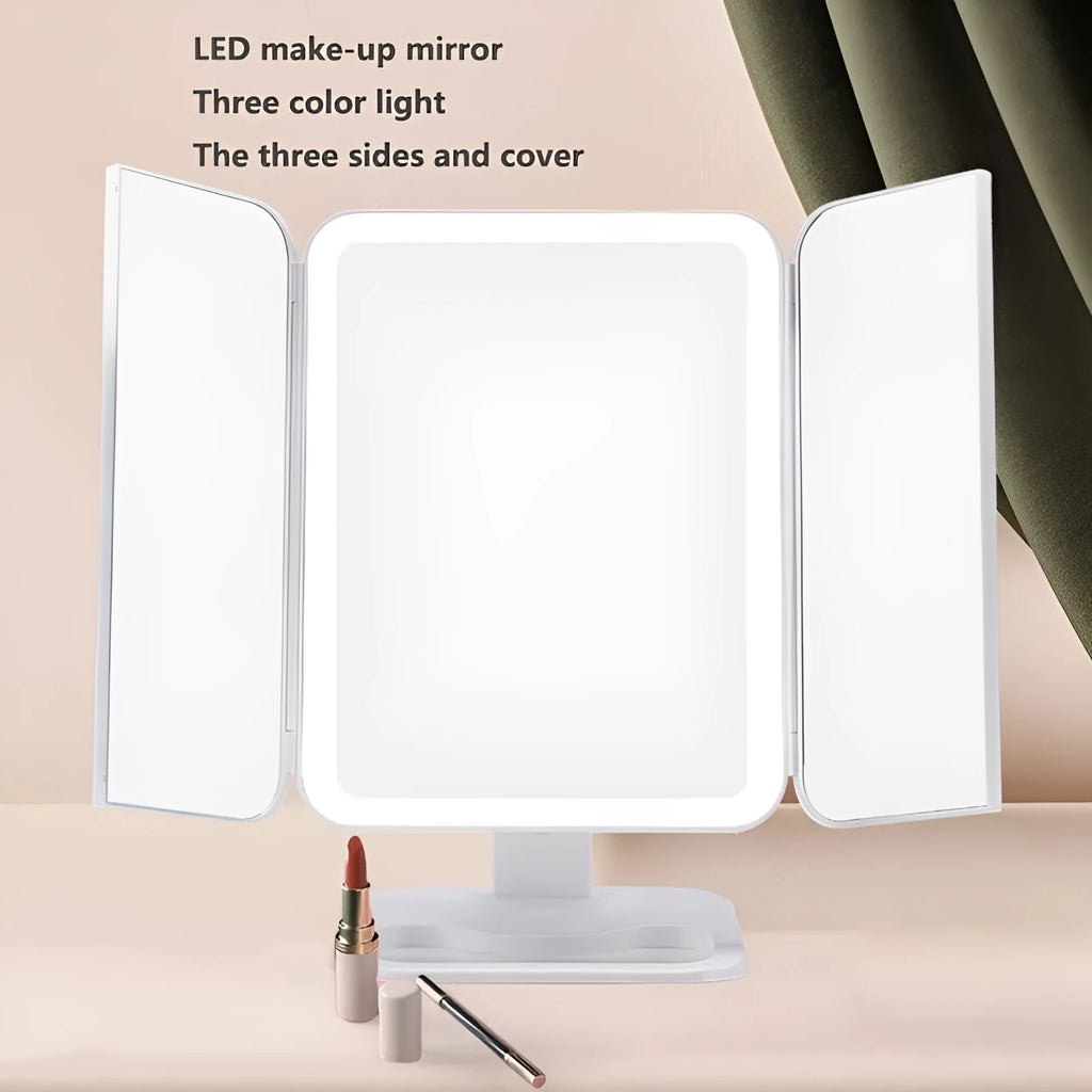 Trifold makeup mirror with 68 LED lights, 10X detachable magnifying mirror, and 180-degree rotation on a table