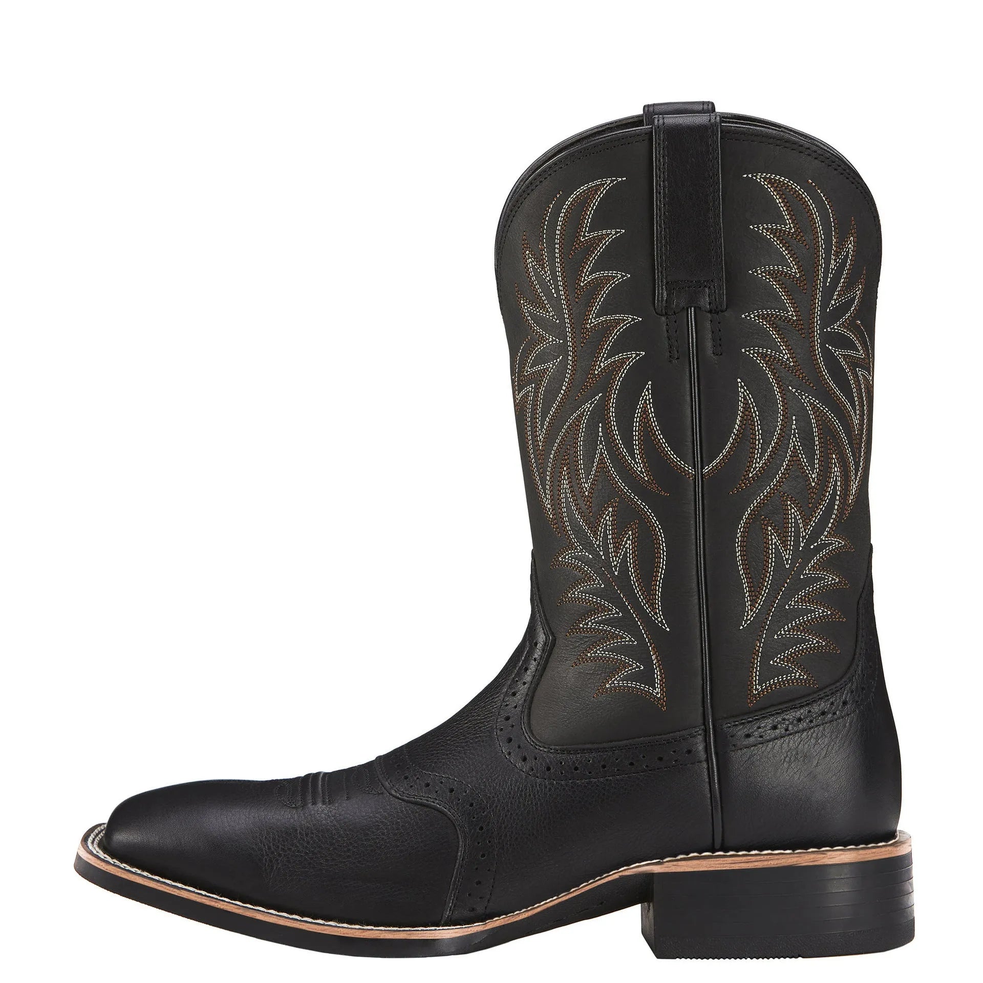 Black men's cowboy boots with detailed embroidery and stitching, square toe, and a low horseshoe heel.