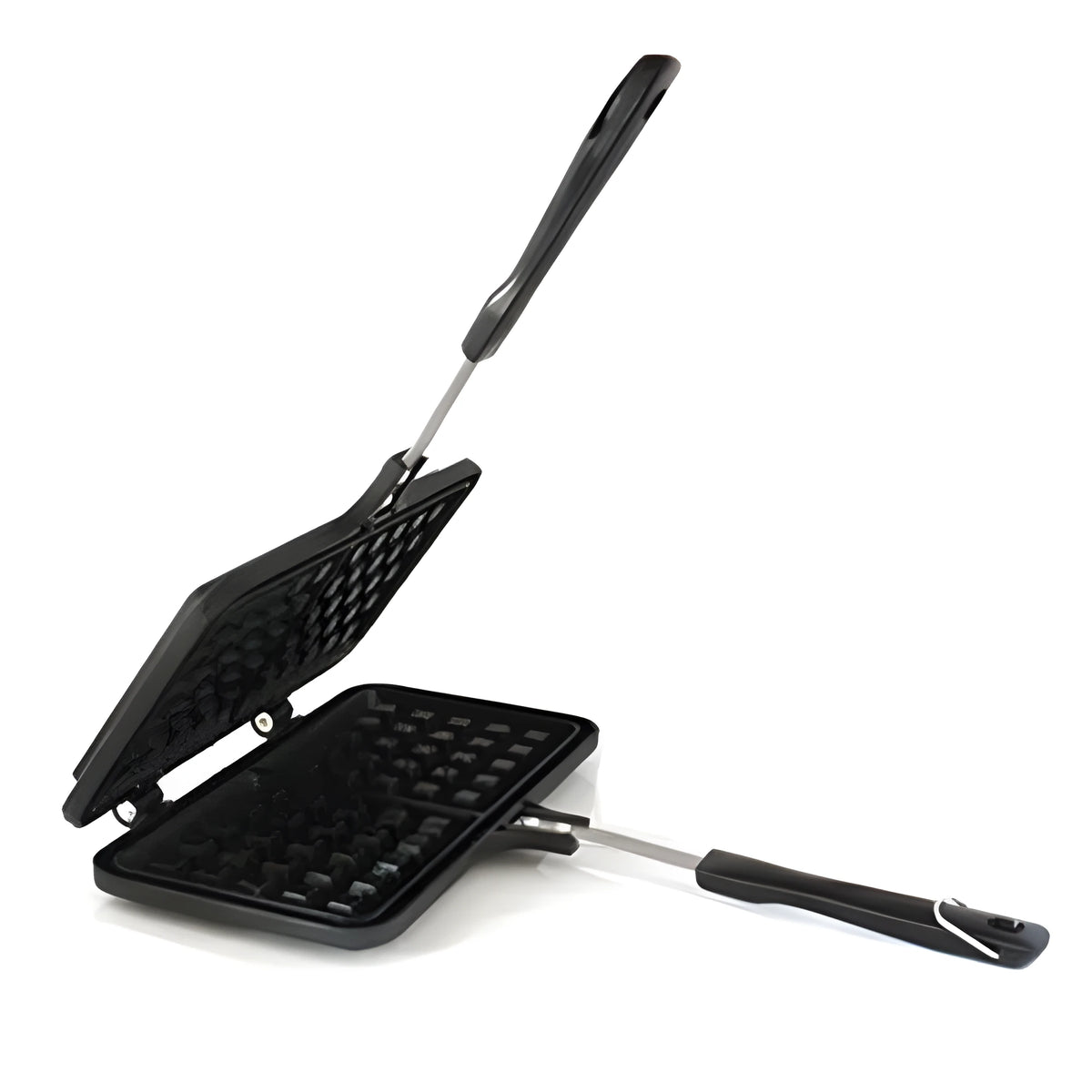 Black aluminium alloy waffle cake mold with nonstick plates and locking handle on gas stove