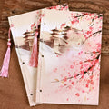 Chinese style thread-bound notebook with watercolour retro Azalea cover, showing open pages.