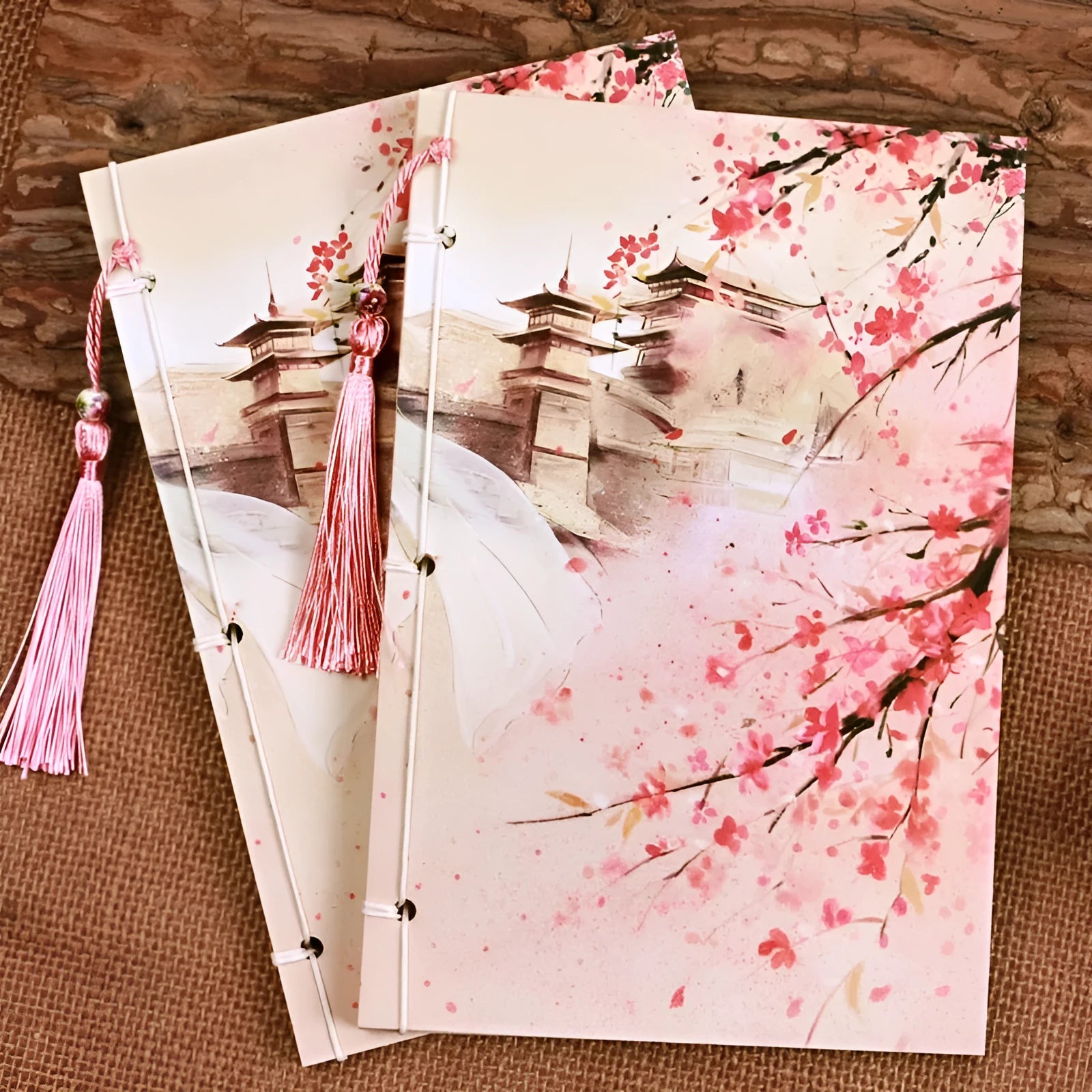 Chinese style thread-bound notebook with watercolour retro Azalea cover, showing open pages.