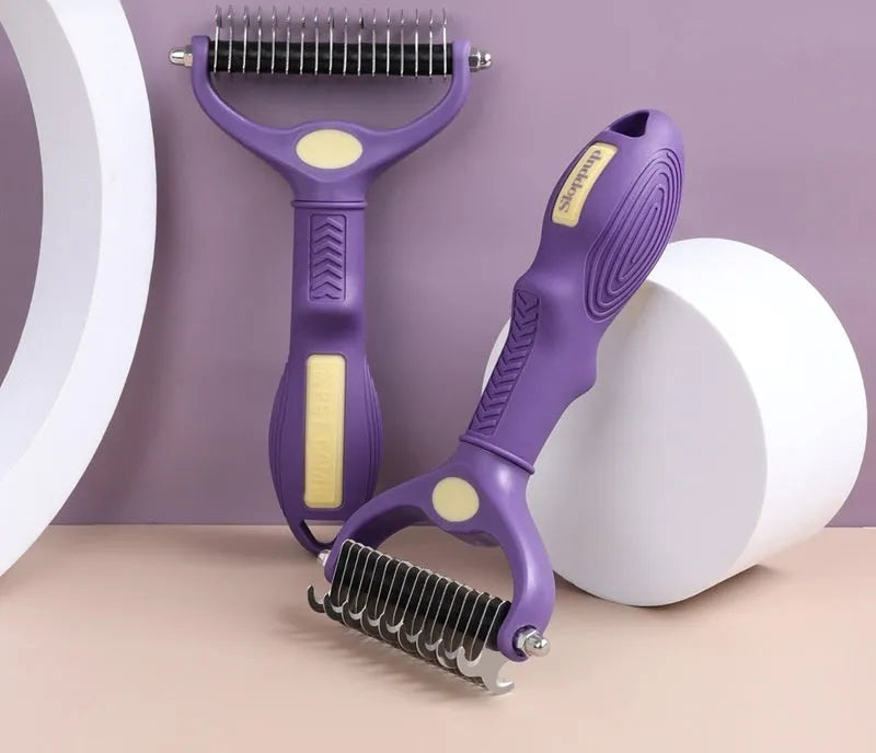 Purple plastic double-sided pet comb for dogs with knot removal and fine deshedding teeth.