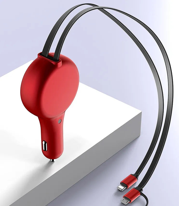 Black retractable car charger with extended cables plugged into a car lighter socket, showing three charging ports.