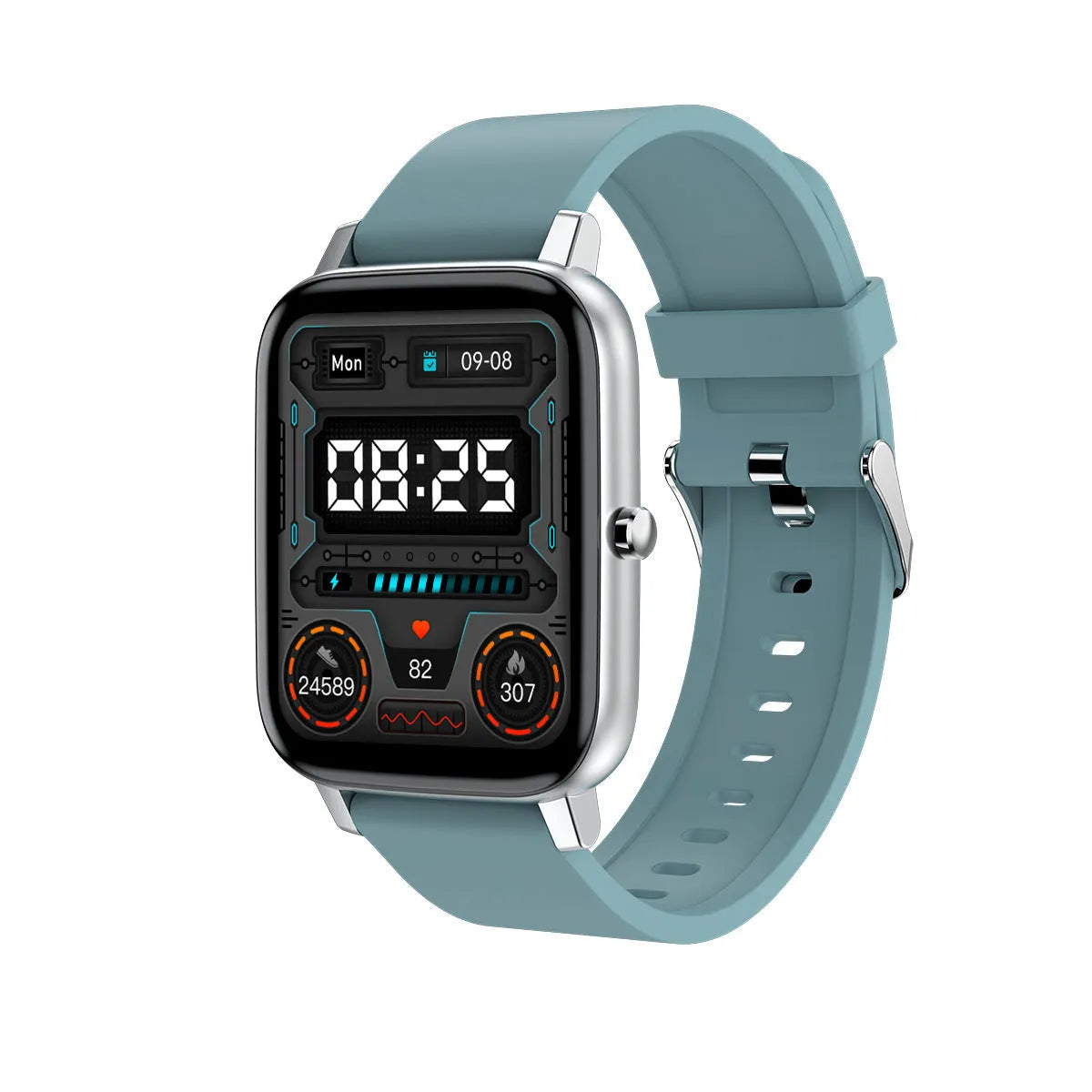 H80 smart watch with black silicone strap showing ECG heart rate graph on its 1.69-inch screen