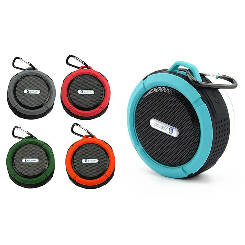 Waterproof portable Bluetooth speaker in black with dual 3W drivers, 500mAh battery, compact 98x88x45mm design