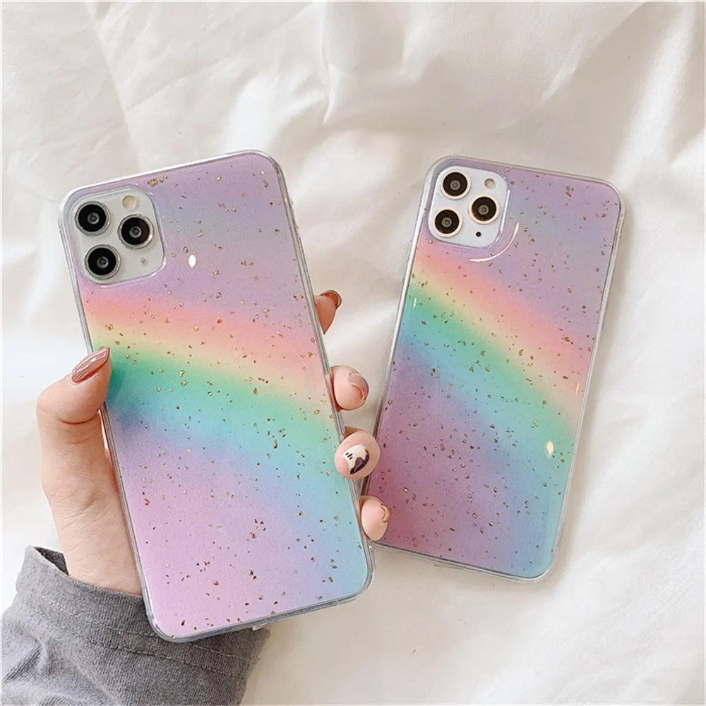 Rainbow gradient striped TPU phone case for iPhone models on a white background.