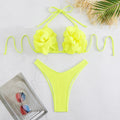 Three-point 3D flower low waist bikini swimsuit in solid colour with backless design