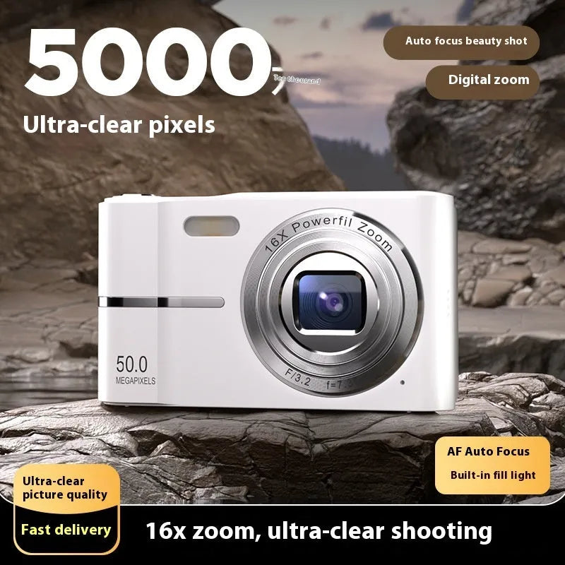 Compact HD 4K digital student camera in black, green, pink, or white with a lanyard and charging cable.