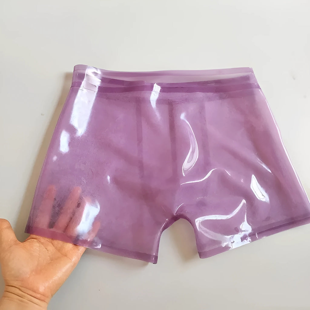 Natural pure latex low waist underwear for men in purple, front view, multiple sizes available XS to 3XL