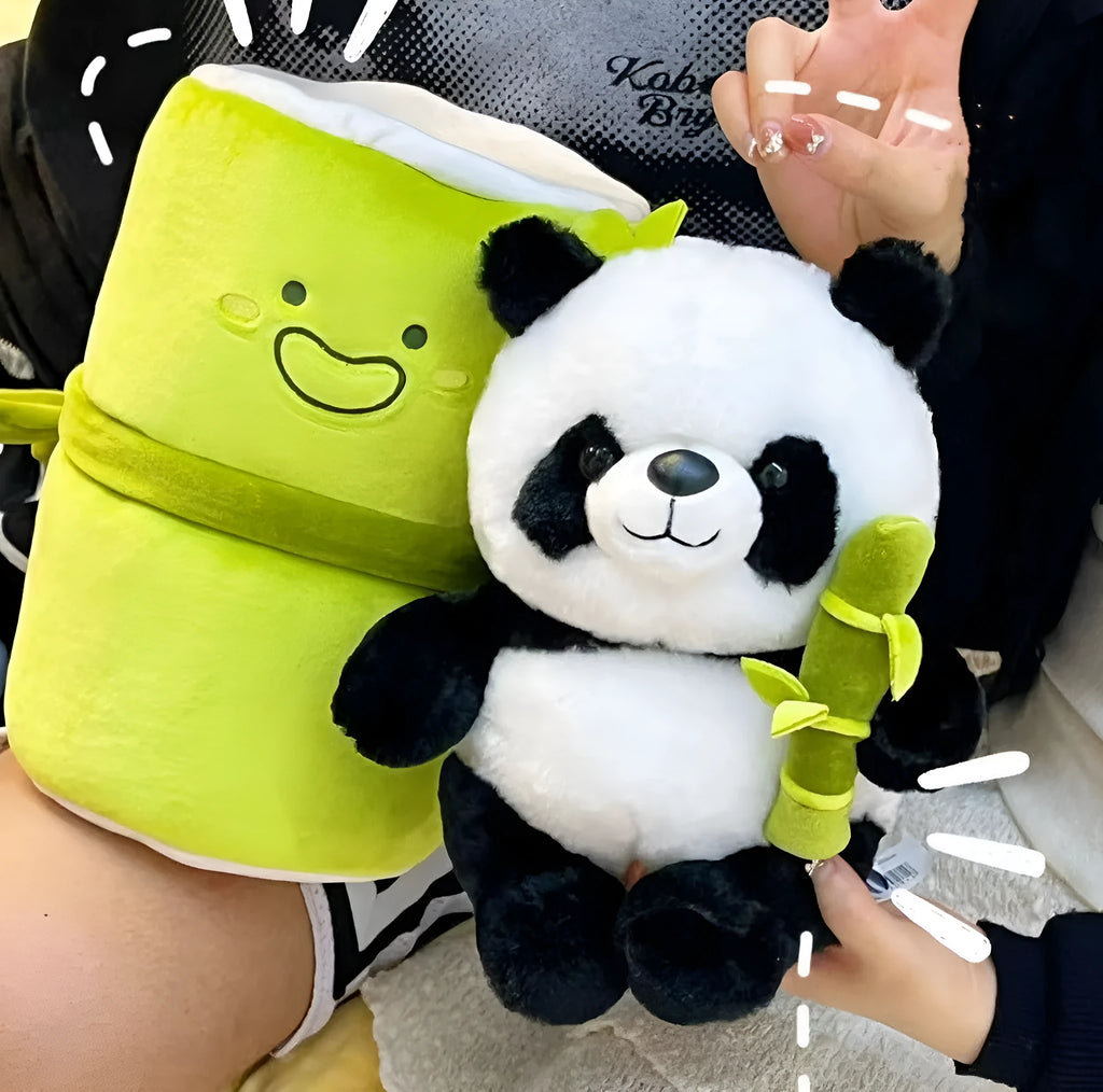 Simulated bamboo tube panda plush doll with PP cotton filling in 25cm height
